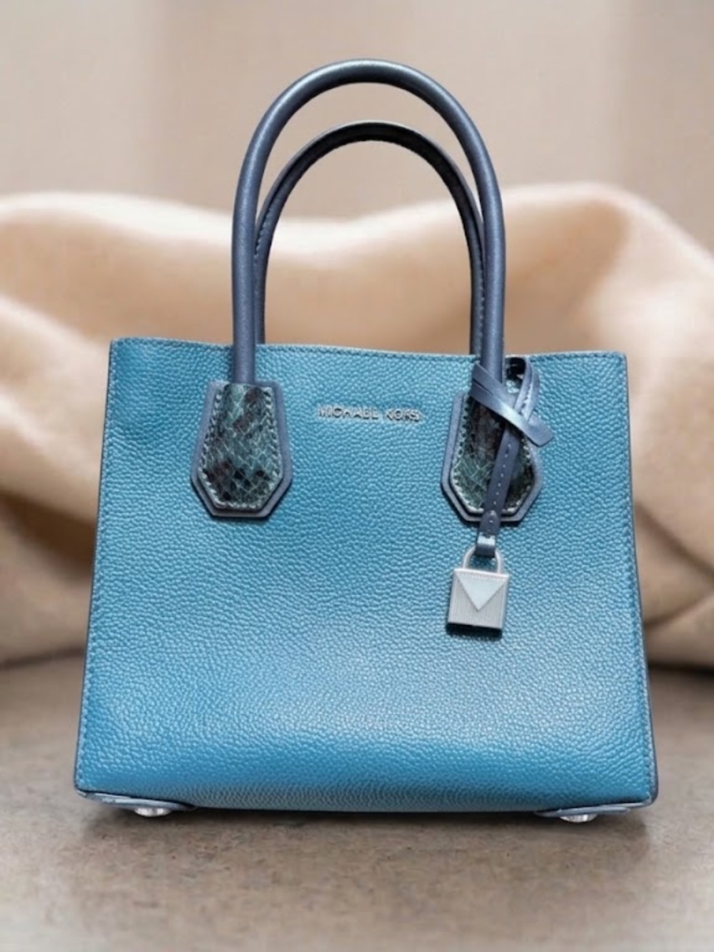 Michael Kors Mercer Small Teal Leather Tote Snake Trim Silver Lock